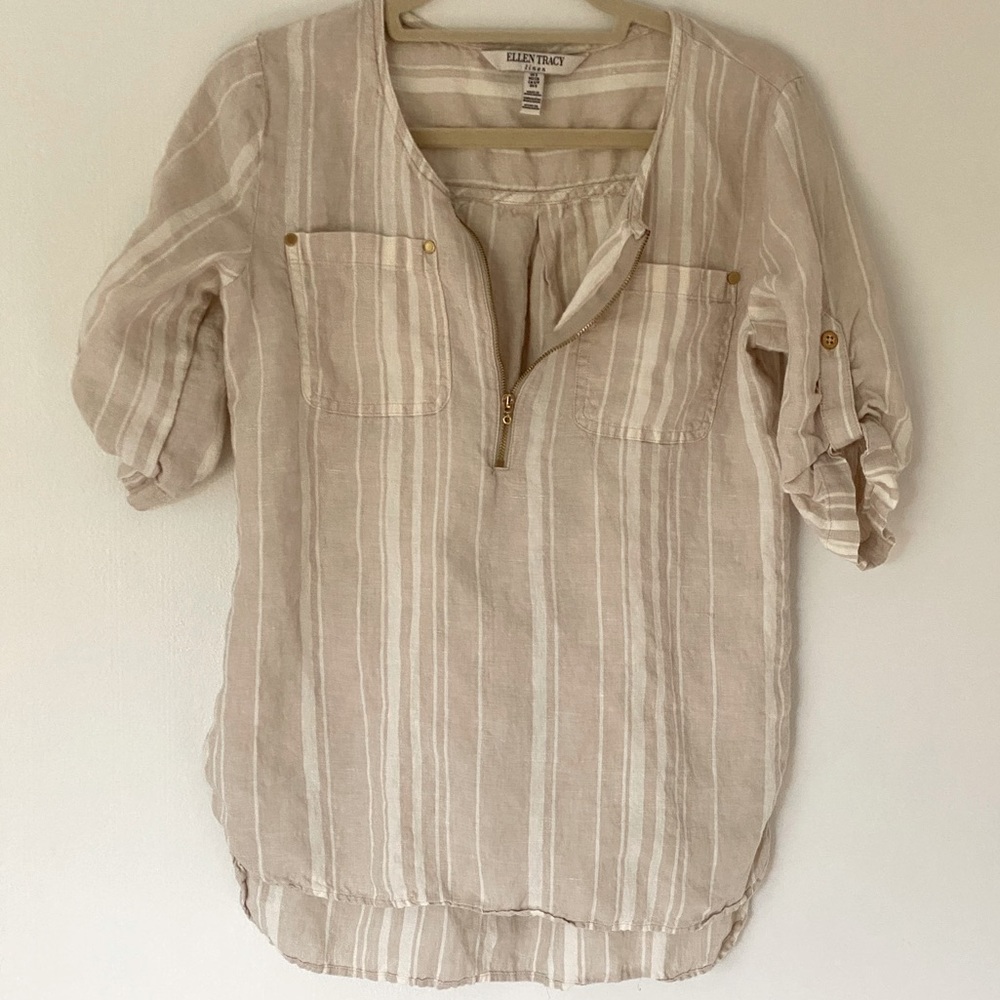 Linen beige and ivory striped blouse